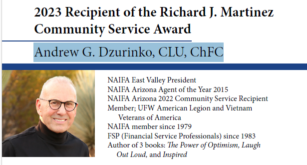 2023 Recipient of the Richard J. Martinez Community Service Award – Andrew G. Dzurinko, CLU, ChFC